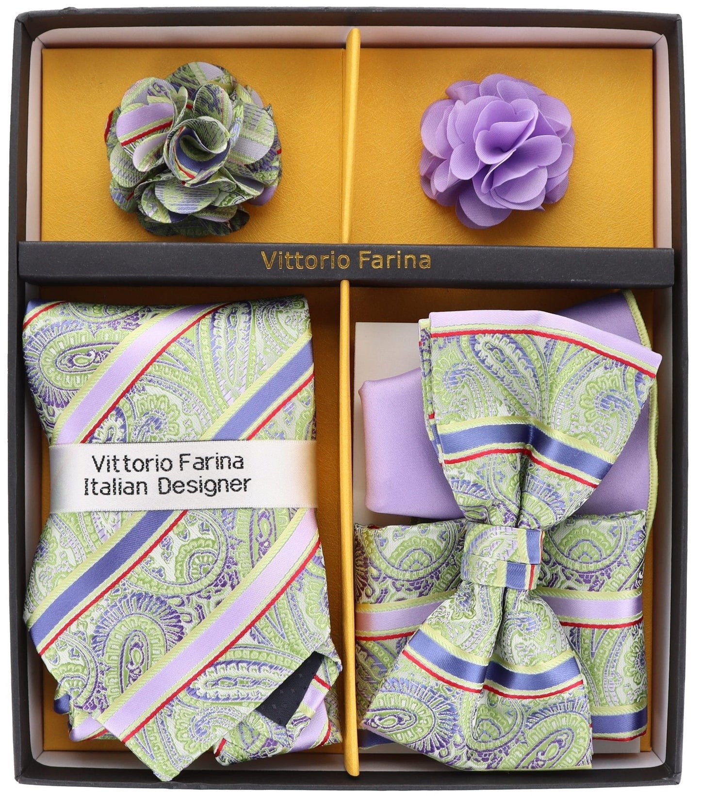 Vittorio Farina Gift Box (Necktie, Bow Tie, Pocket Squares and Flower Lapel Pin)