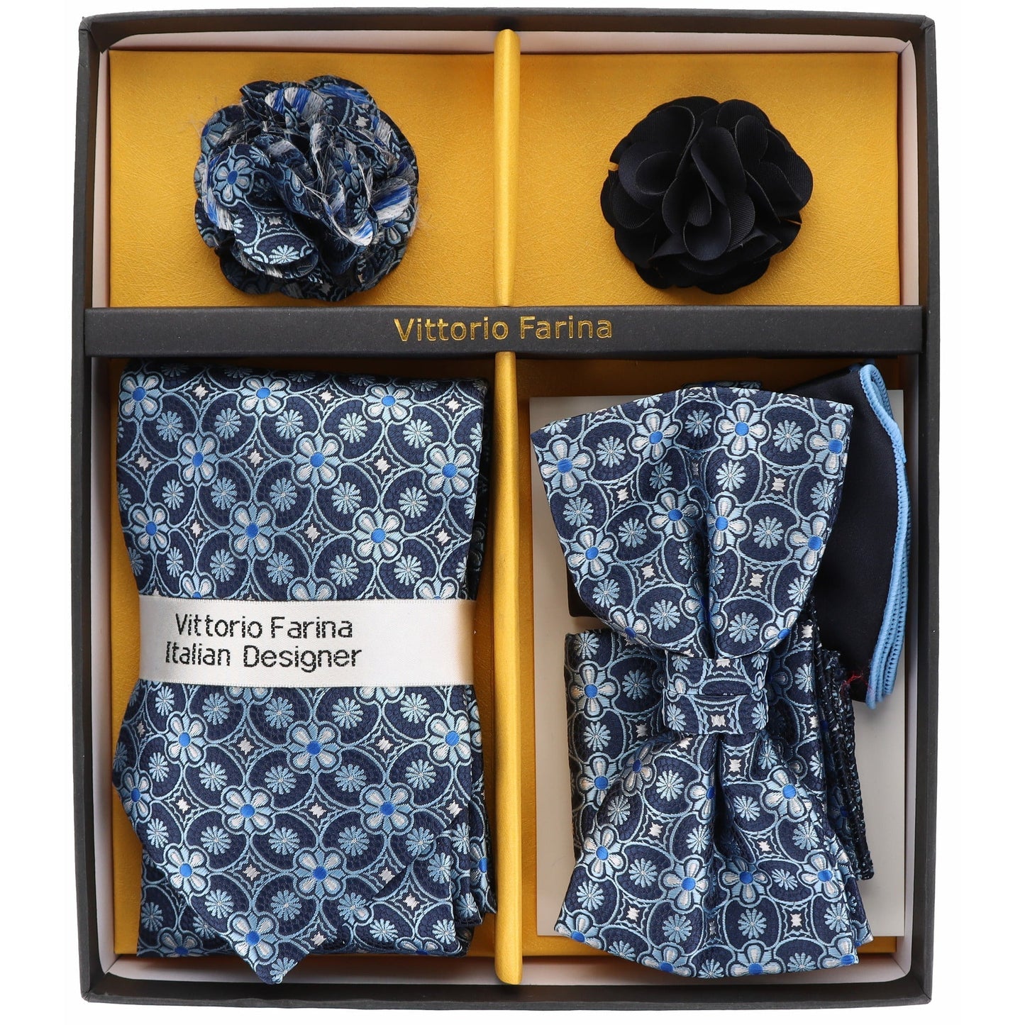 Vittorio Farina Gift Box (Necktie, Bow Tie, Pocket Squares and Flower Lapel Pin)