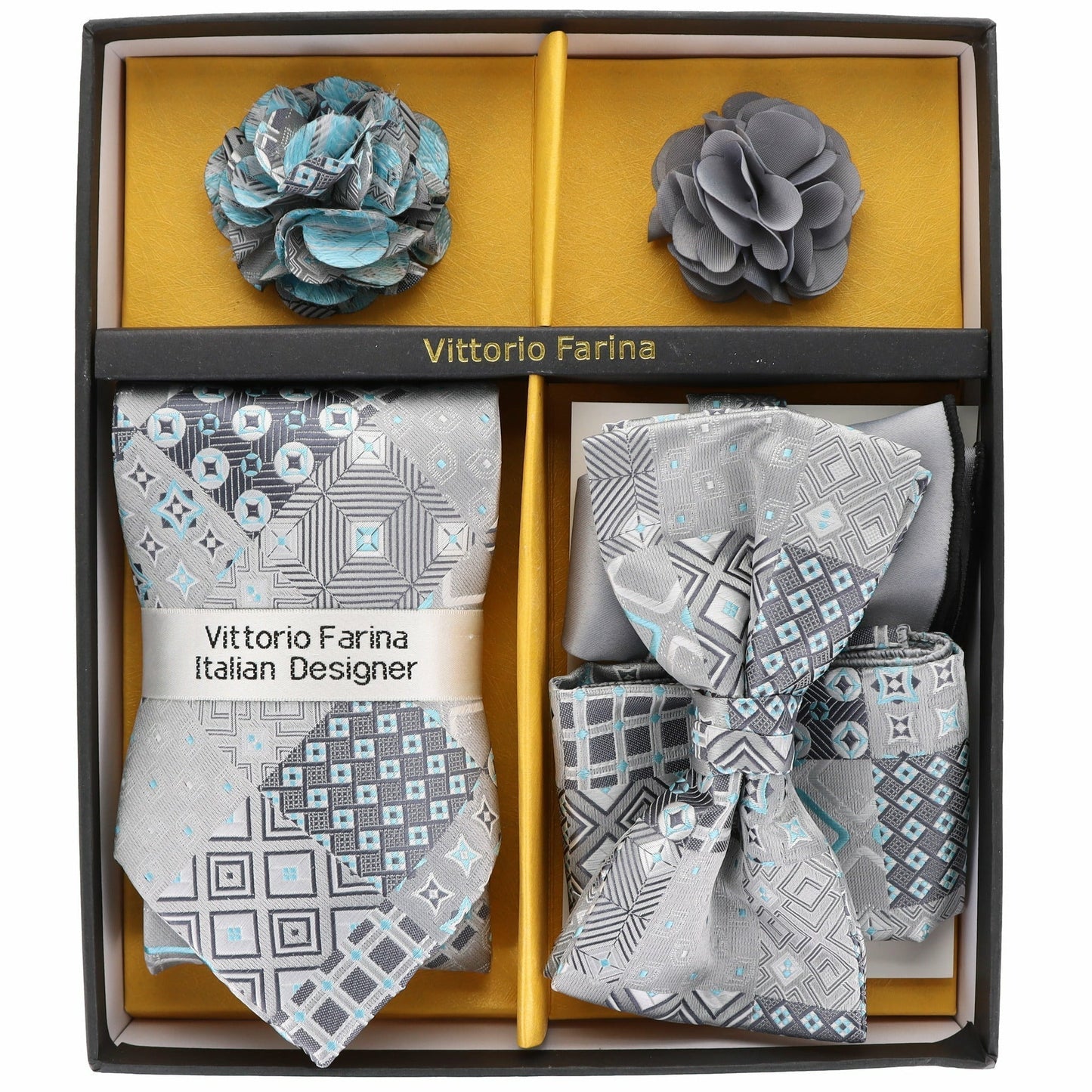 Vittorio Farina Gift Box (Necktie, Bow Tie, Pocket Squares and Flower Lapel Pin)