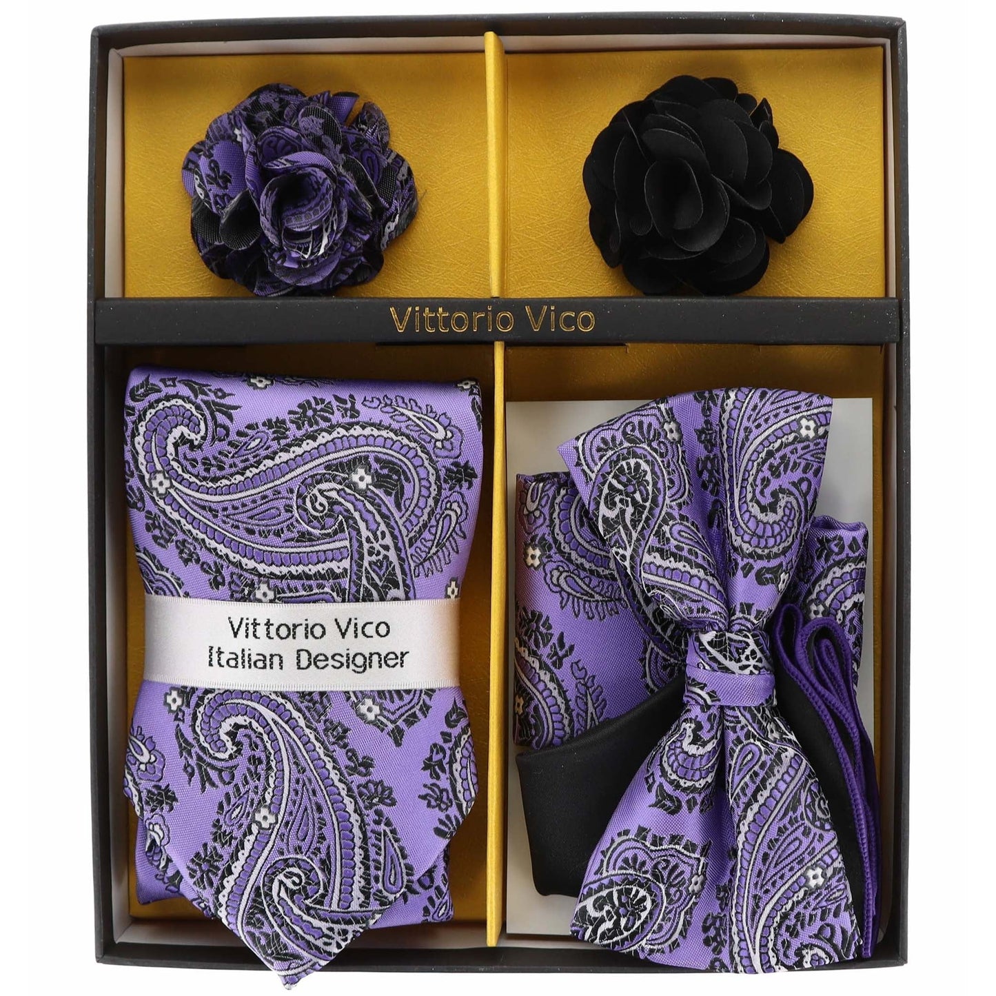 Vittorio Farina Gift Box (Necktie, Bow Tie, Pocket Squares and Flower Lapel Pin)