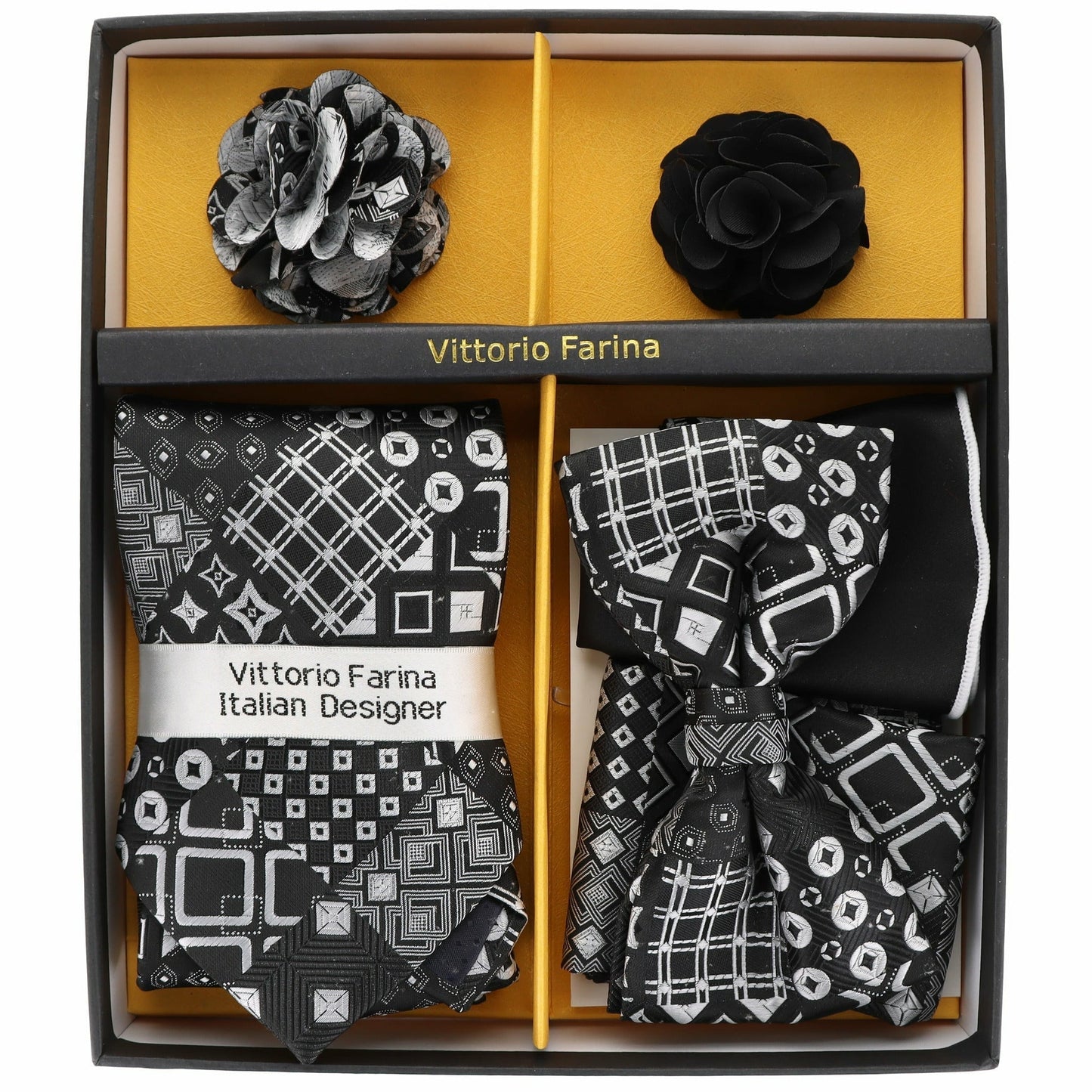 Vittorio Farina Gift Box (Necktie, Bow Tie, Pocket Squares and Flower Lapel Pin)