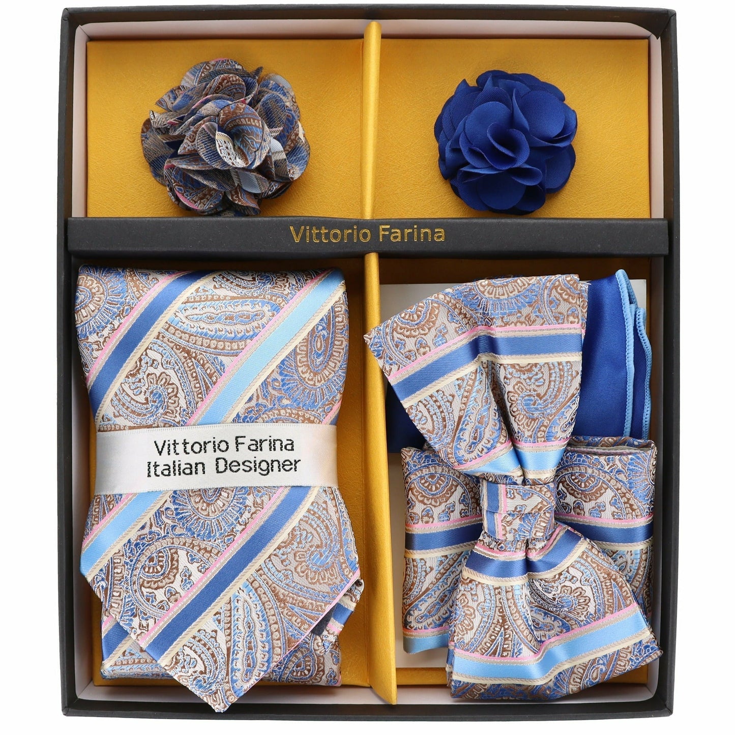 Vittorio Farina Gift Box (Necktie, Bow Tie, Pocket Squares and Flower Lapel Pin)