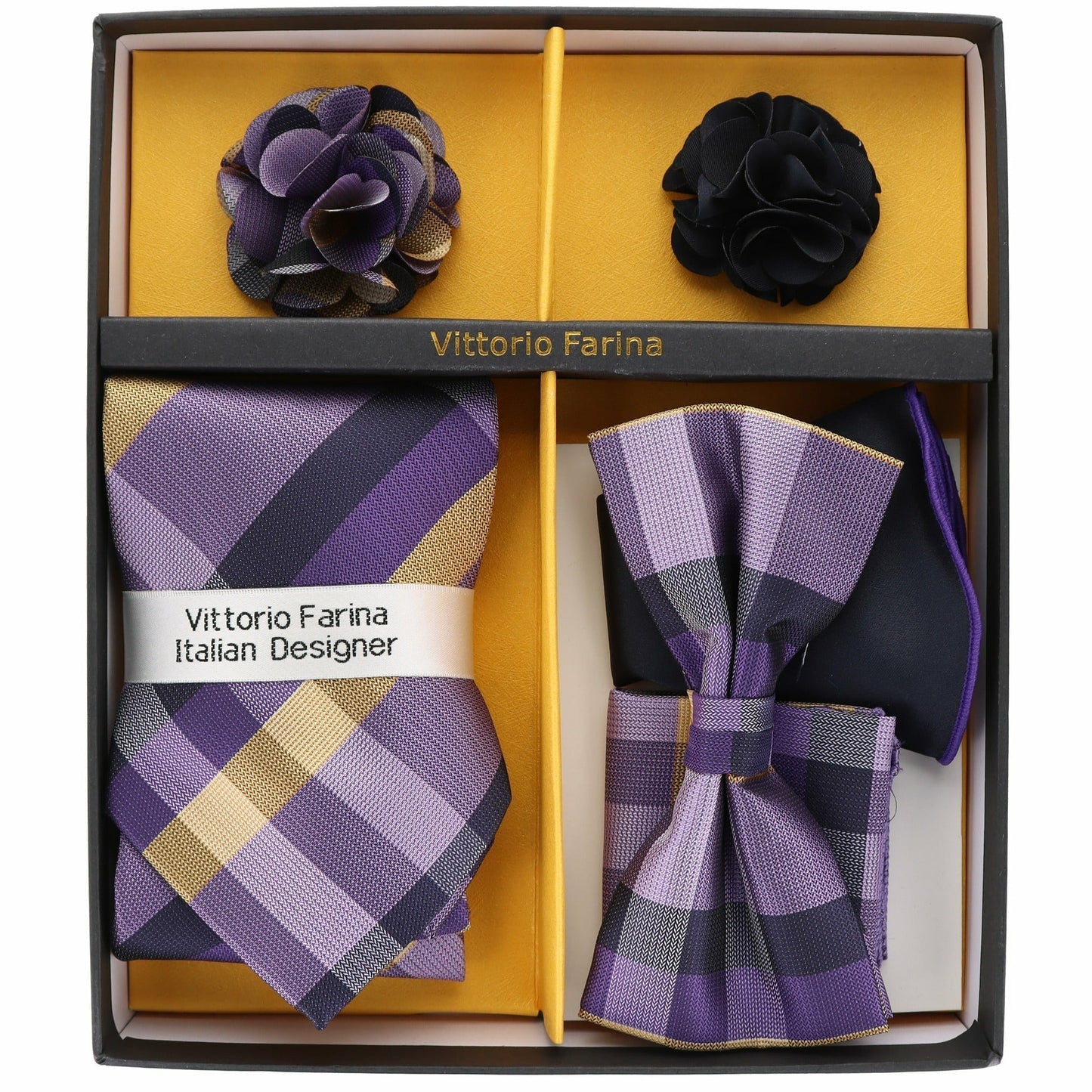 Vittorio Farina Gift Box (Necktie, Bow Tie, Pocket Squares and Flower Lapel Pin)