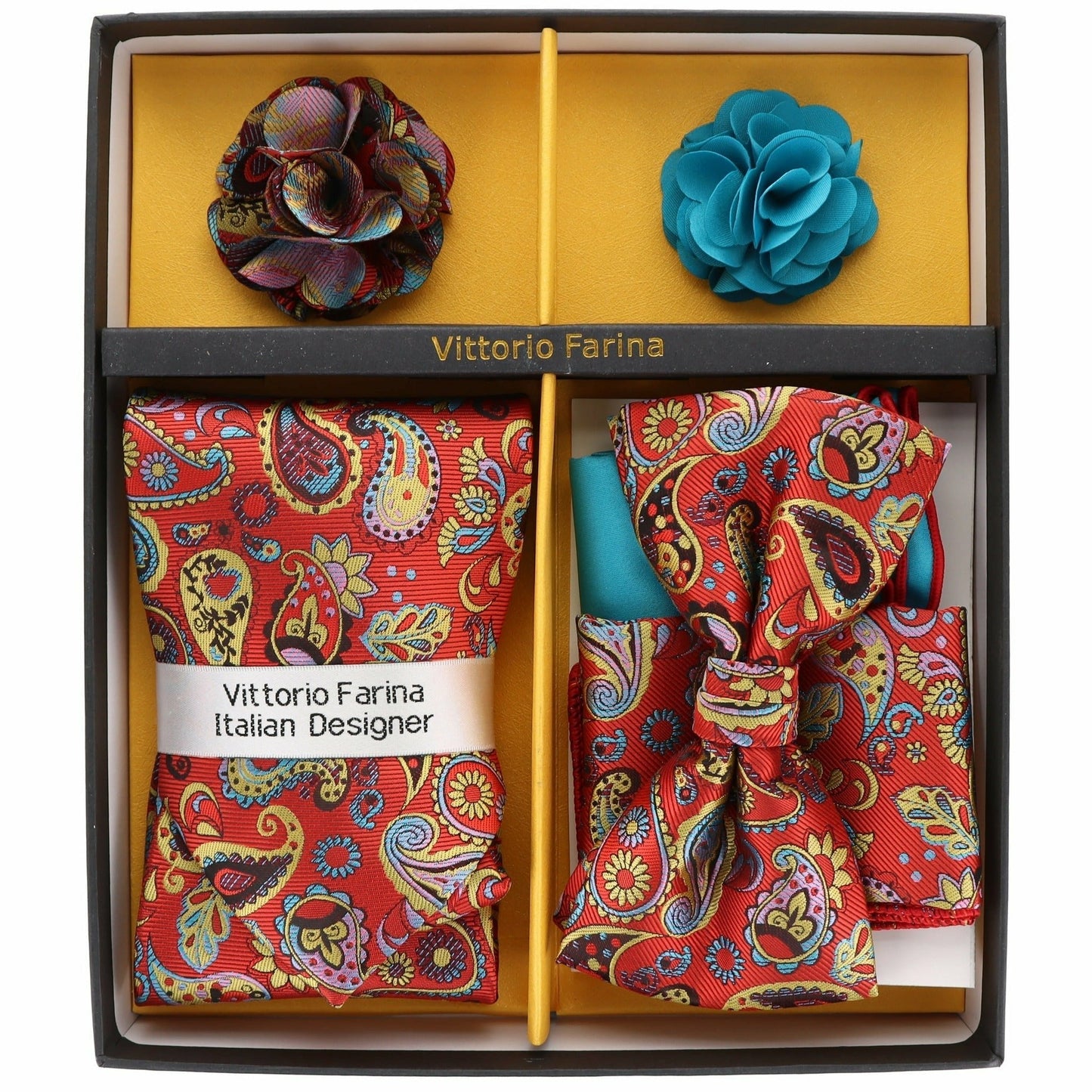 Vittorio Farina Gift Box (Necktie, Bow Tie, Pocket Squares and Flower Lapel Pin)