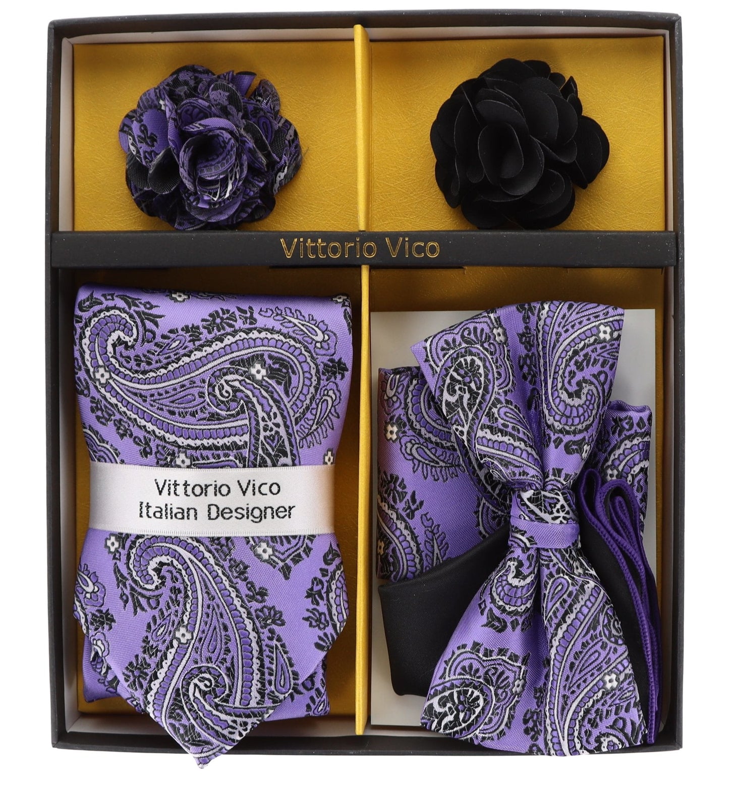 Vittorio Farina Gift Box (Necktie, Bow Tie, Pocket Squares and Flower Lapel Pin)