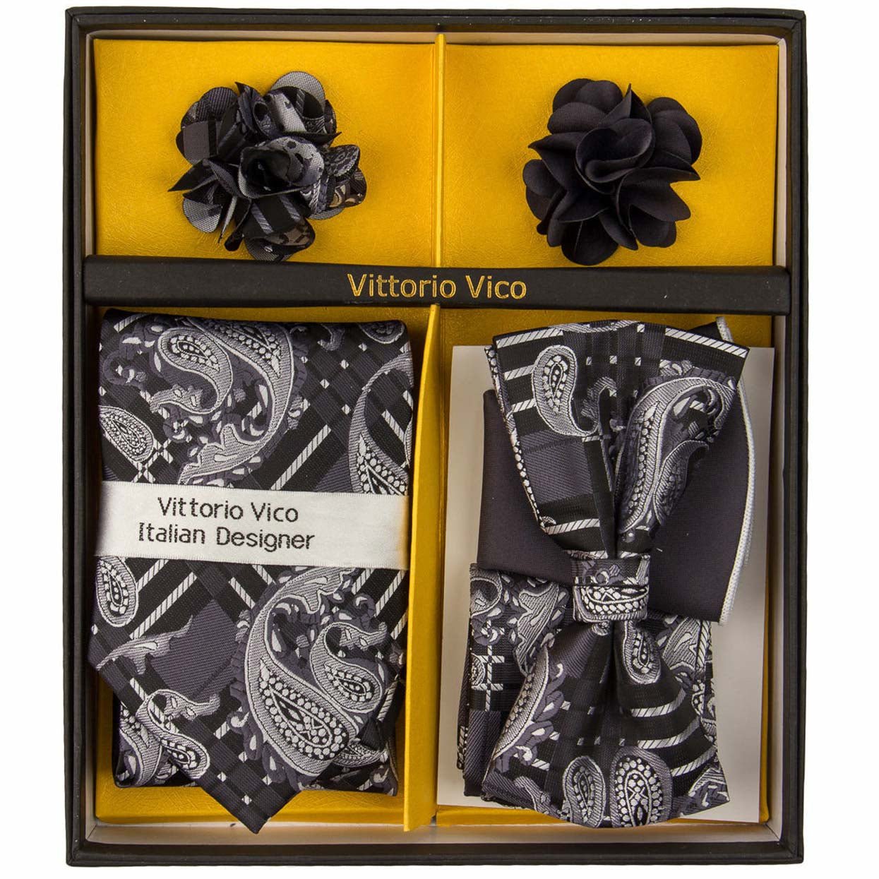 Vittorio Farina Gift Box (Necktie, Bow Tie, Pocket Squares and Flower Lapel Pin)