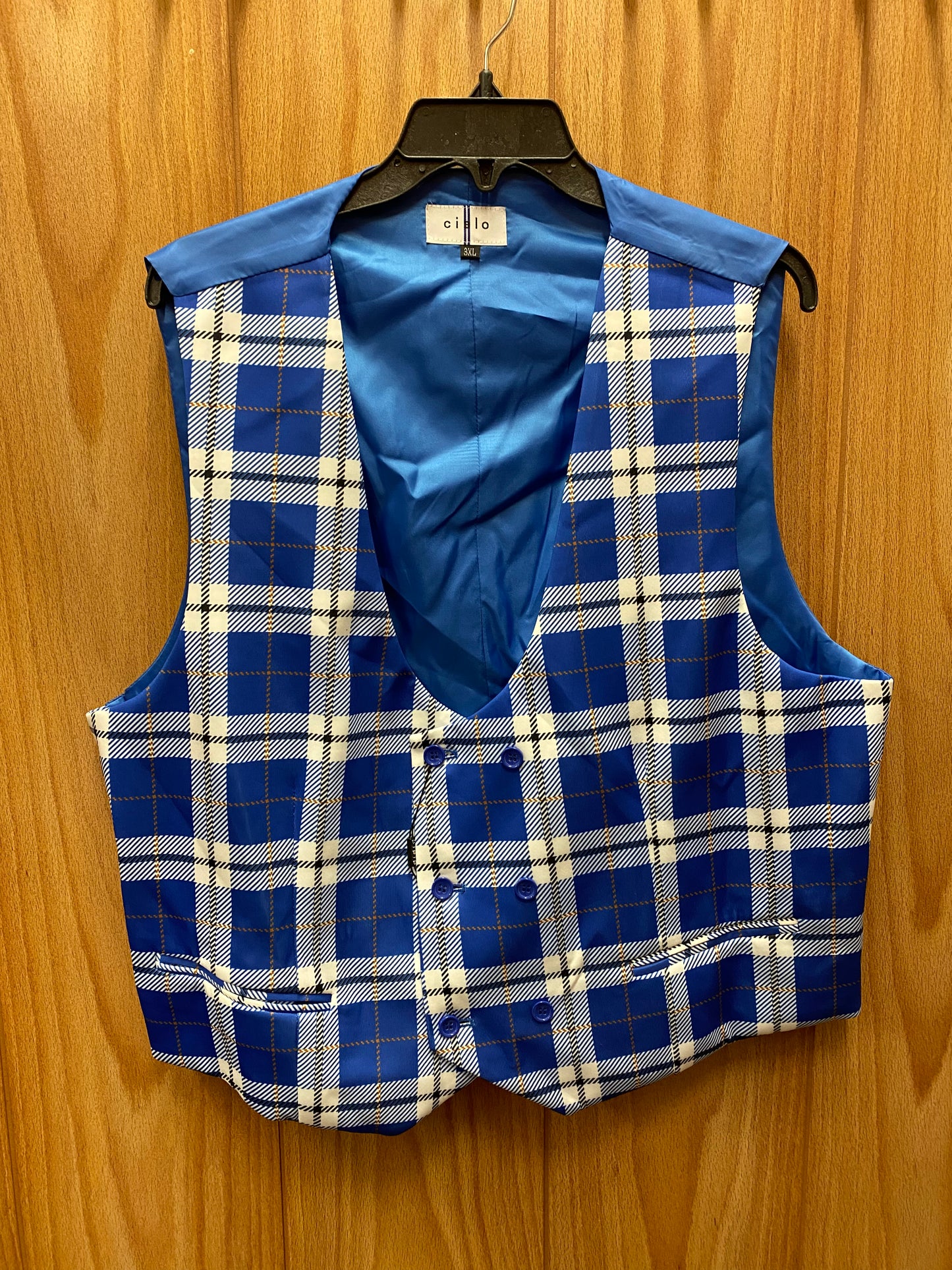 Cielo V3660S1 Royal Blue Checkered Slim Fit Double Breasted U-Cut Vest