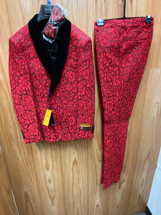 Alberto Nardoni Red/Black Lace Print 2-Piece Slim Fit Suit