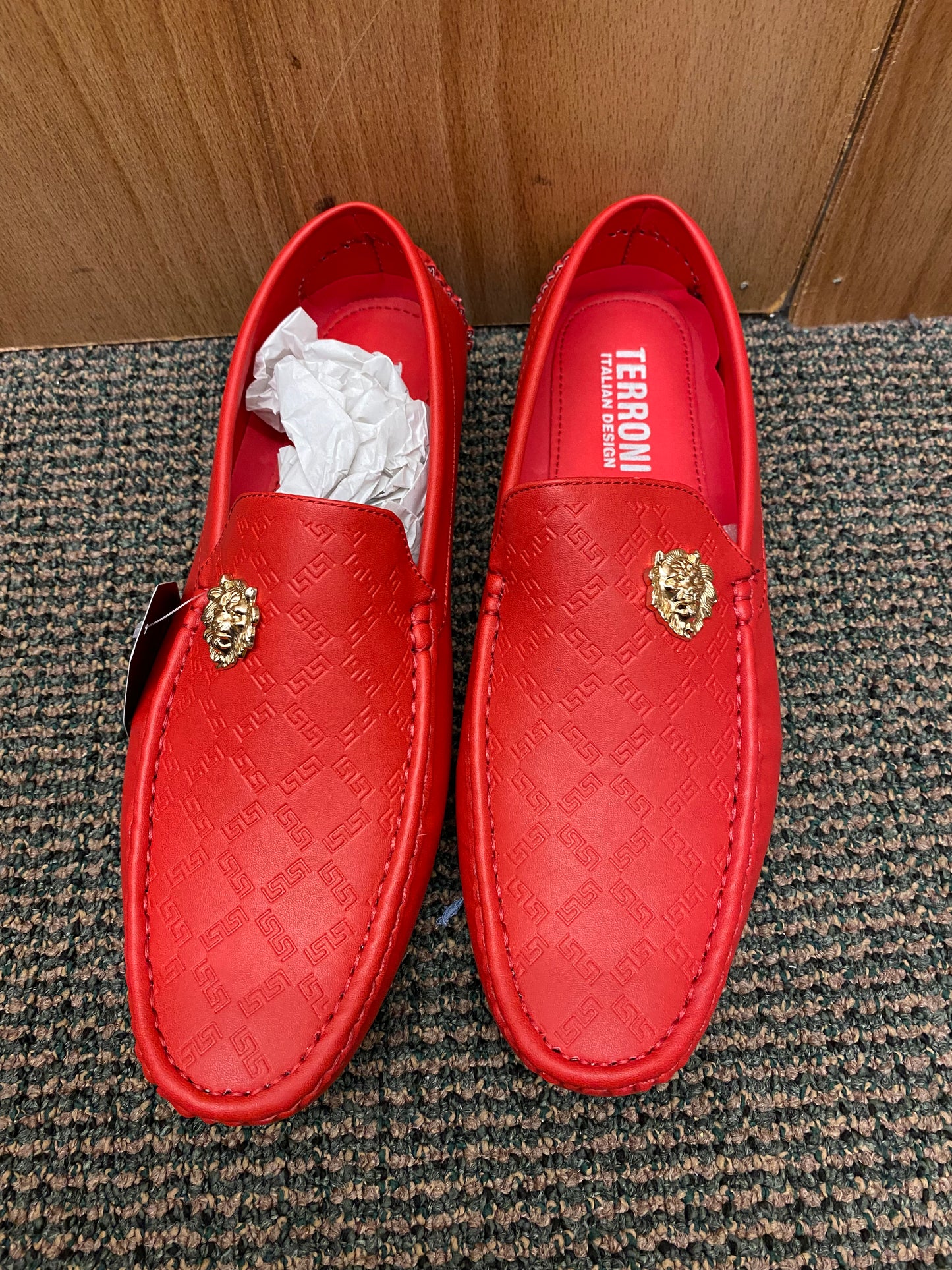 Terroni Italian Design Red Men's Slip-on Dress/Driver Shoe with Gold Lionhead