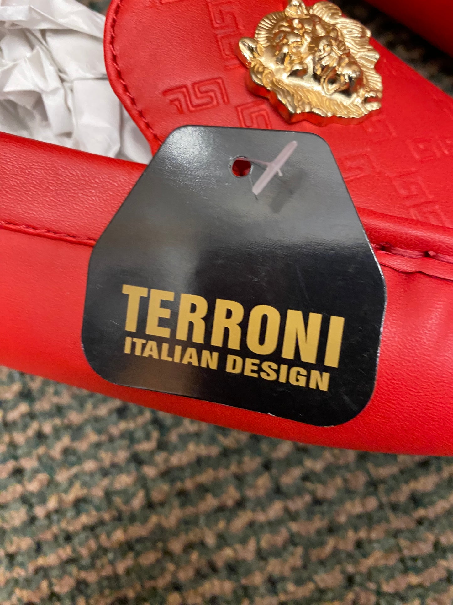 Terroni Italian Design Red Men's Slip-on Dress/Driver Shoe with Gold Lionhead