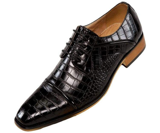 Amali Eberly Black Croc Print Oxford Men's Lace Up Dress Shoes | Woodgrain sole