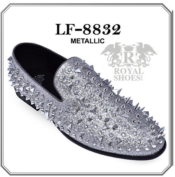 Royal Shoes LF8832 Metallic Silver Spikes with Red Bottoms Smoking Slip-on Dress Shoes Sizes 8-13