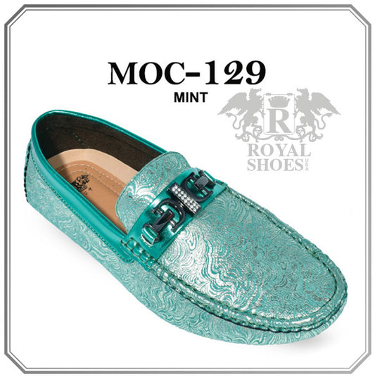 Royal Shoes MOC-129 Mint Green Wavy Print Smoking Slip-on Men's Fancy Prom/Dress Driver/Moccasin Shoes Sizes  8.5-13