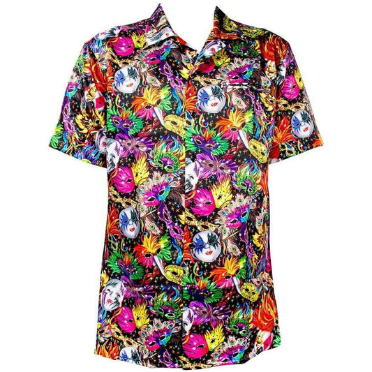 Vittorio Farina Vibrant Colorful Party Mask Print Mardi Gras Button Down Collar shirt