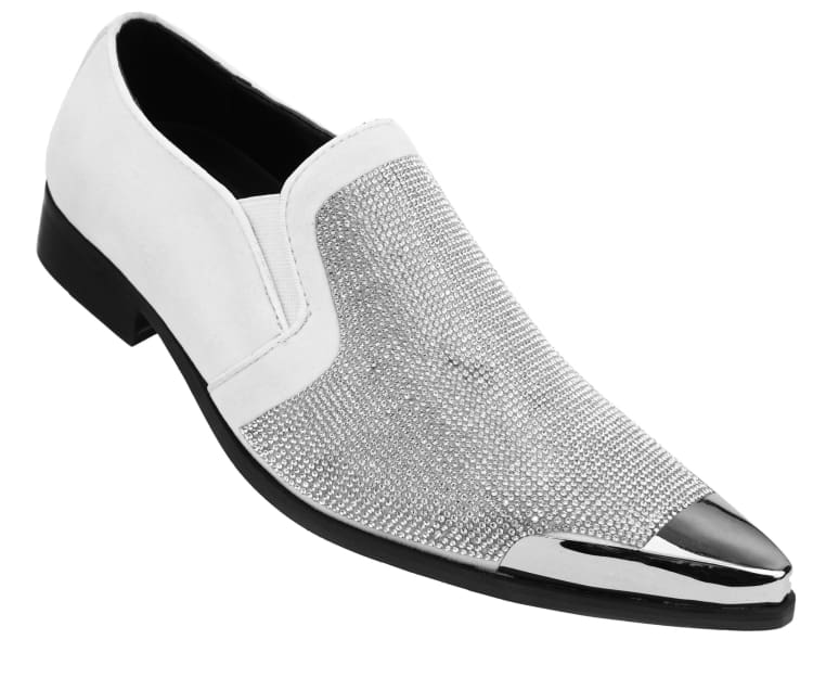 Bolano Dezzy Rhinestone Encrusted Smoking Slip-on Tuxedo Men's Dress Shoes | Dezzy White