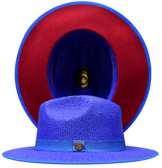 Bruno Capelo Kingdom Straw Fedora Flat Wide Brim Hat | KI-516 Royal Blue with Red undertone