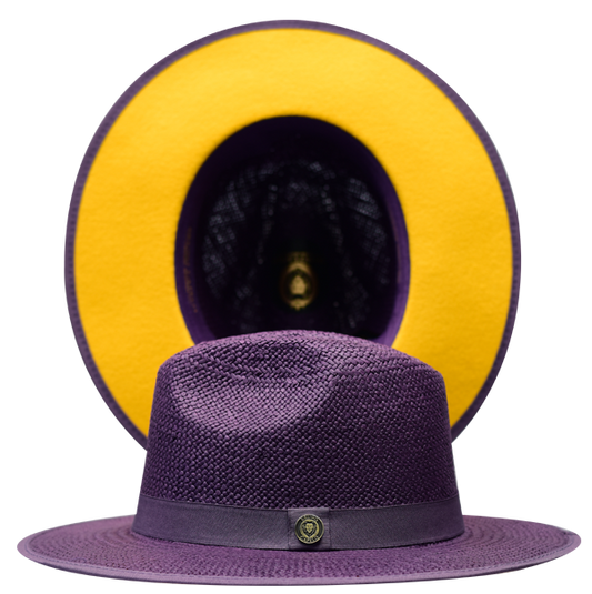 Bruno Capelo Kingdom Straw Fedora Flat Wide Brim Hat | KI21 Purple with Gold undertone