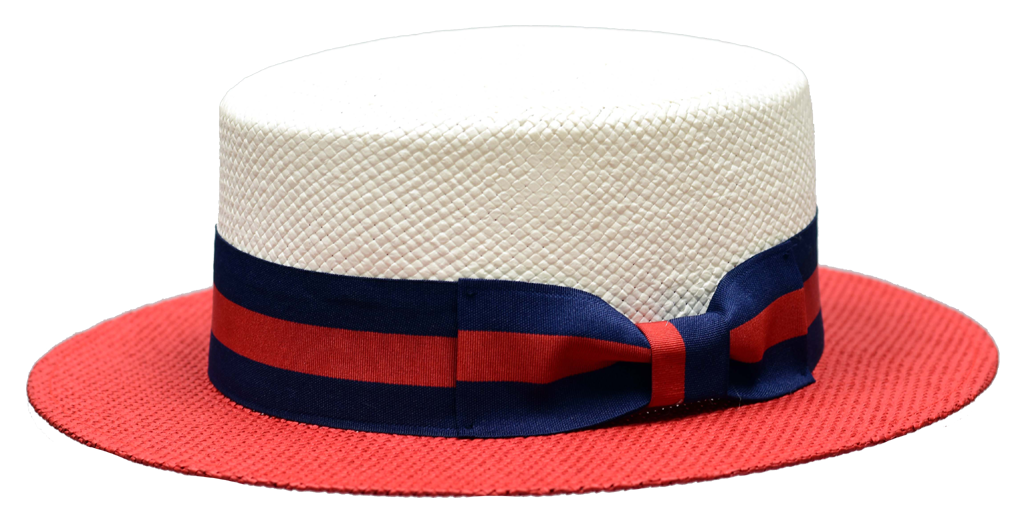 Bruno Capelo 2-Tone The BOATER NATURAL STRAW FLAT CROWN BOATER/Skimmer GAUCHO HAT | BC-704 White/Red with Navy Blue & Red Stripe Band