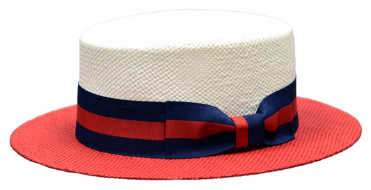 Bruno Capelo 2-Tone The BOATER NATURAL STRAW FLAT CROWN BOATER/Skimmer GAUCHO HAT | BC-704 White/Red with Navy Blue & Red Stripe Band