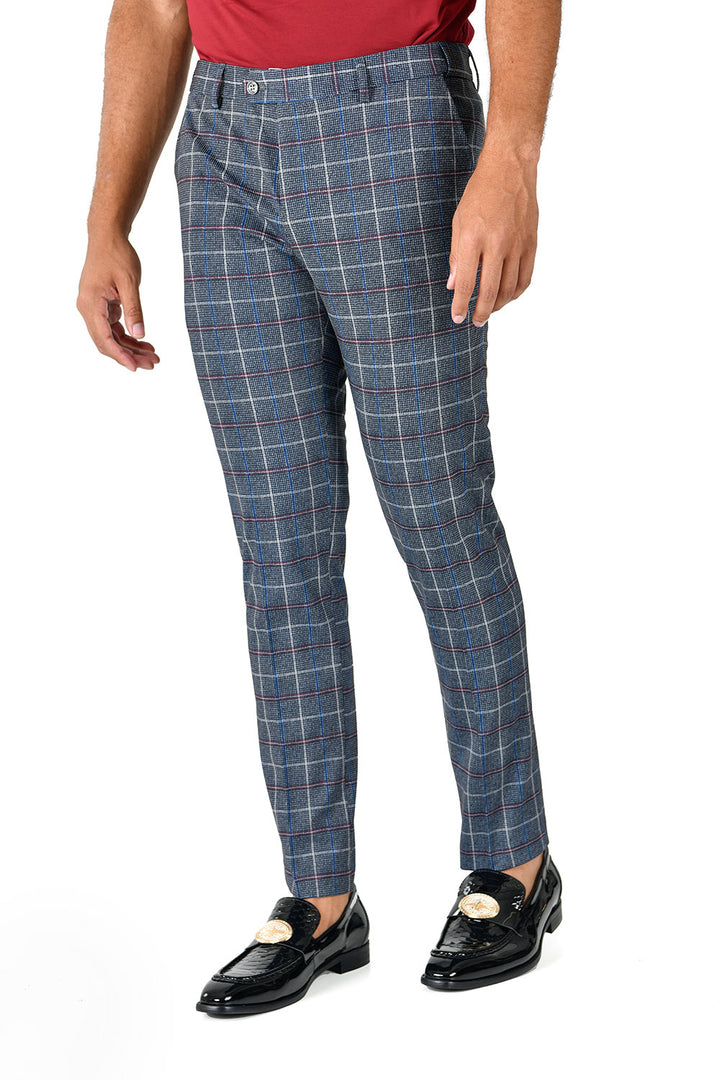 Barabas CP124 DEEP SEA POKE Grey and Pink Checkered Slim Fit Dress Pant