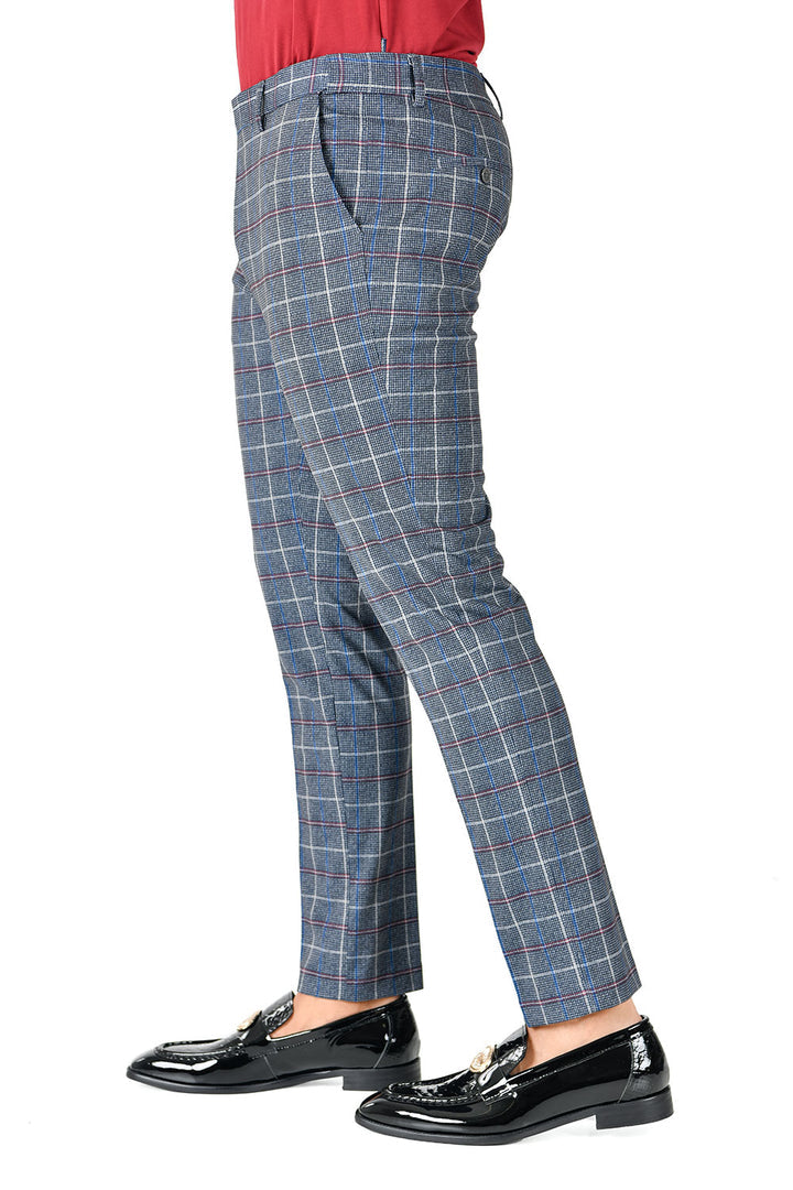 Barabas CP124 DEEP SEA POKE Grey and Pink Checkered Slim Fit Dress Pant