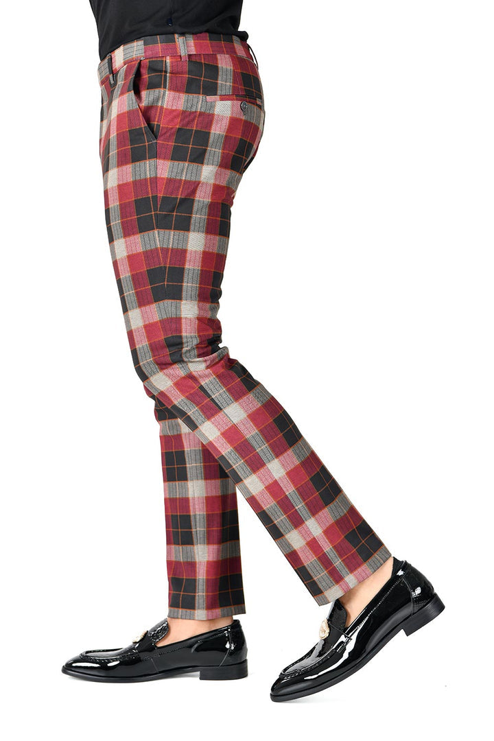 Barabas CP126 BE LOVELY WINE Grey and Red  Checkered Slim Fit Dress Pant