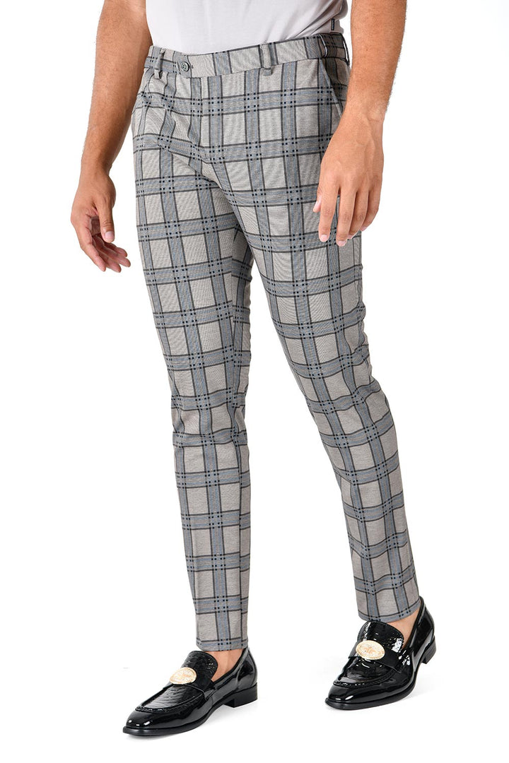 Barabas CP130 DON'T MESS WITH ME Light Grey and Blue Checkered Slim Fit Dress Pant