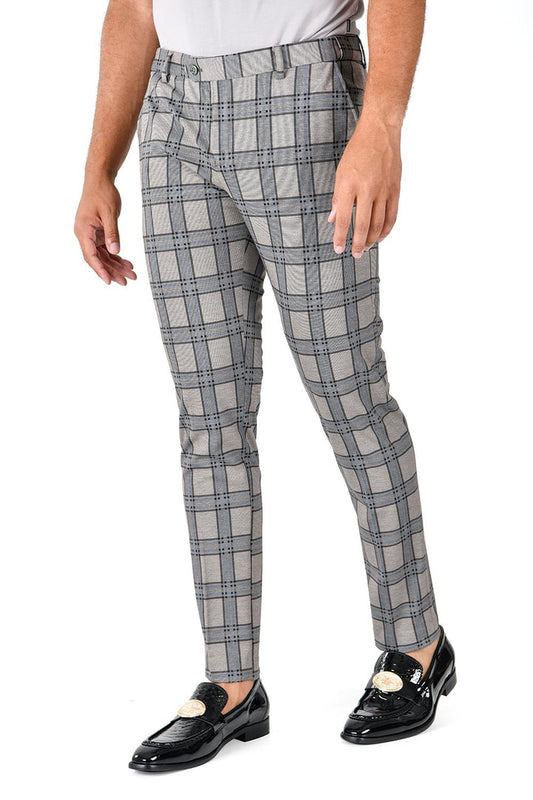 Barabas CP130 DON'T MESS WITH ME Light Grey and Blue Checkered Slim Fit Dress Pant