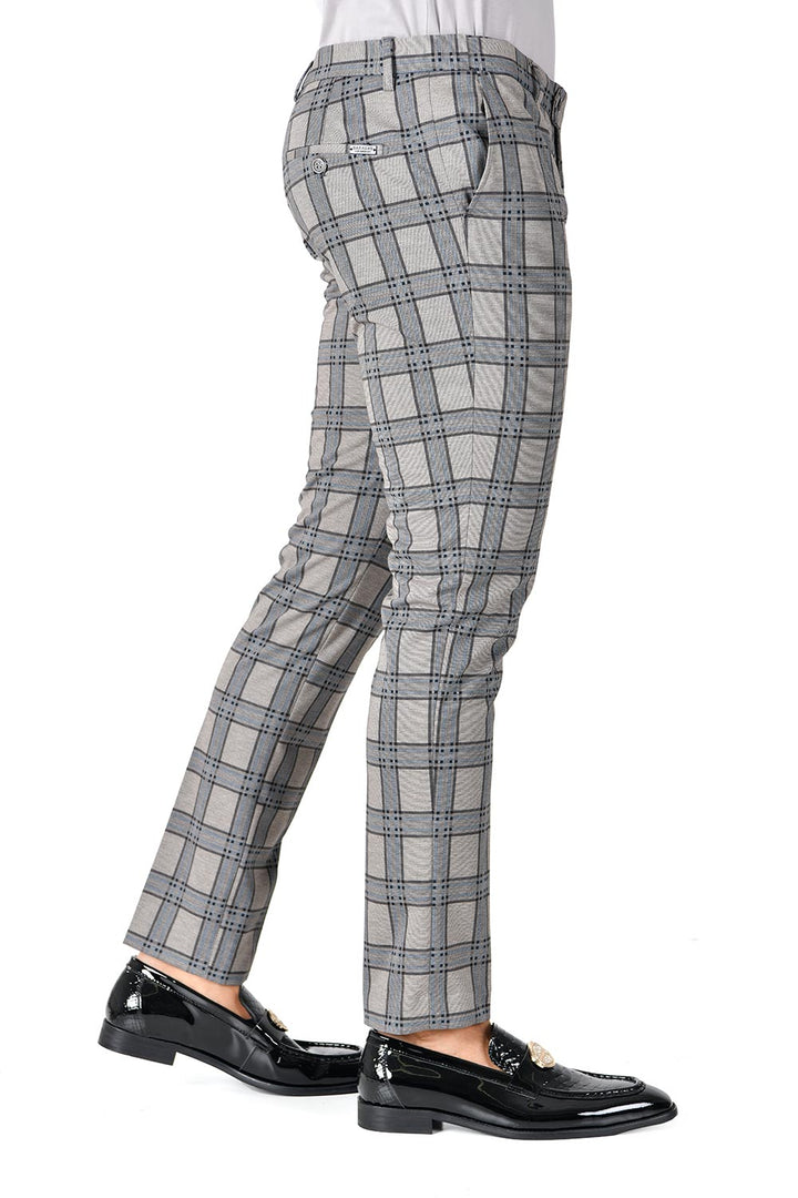 Barabas CP130 DON'T MESS WITH ME Light Grey and Blue Checkered Slim Fit Dress Pant