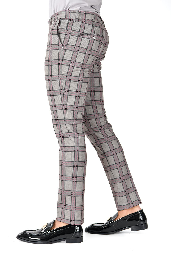 Barabas CP130 DON'T MESS WITH ME Light Grey and Pink Checkered Slim Fit Dress Pant