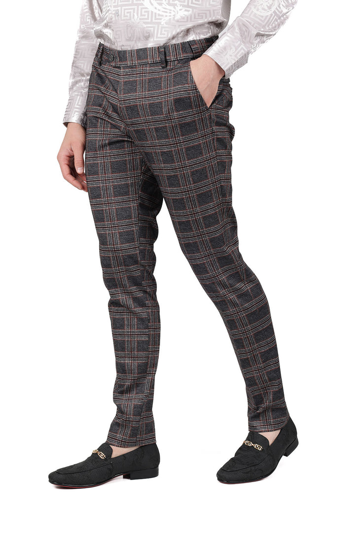 Barabas CP156 BABY BEAT Grey and Orange Checkered Slim Fit Dress Pant