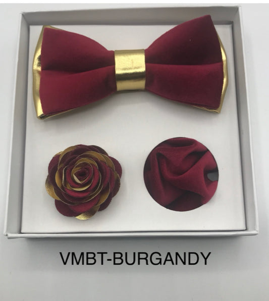 Velvet Bow Tie, Lapel Flower, and Handkerchief