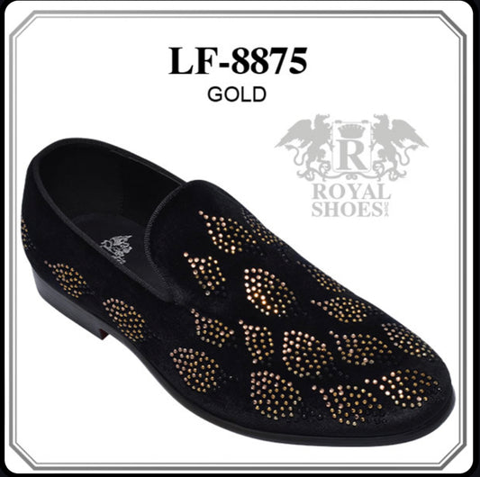 Royal Shoes Black/Gold Rhinestone Leaf Print Smoking Slip-on Red Bottom Men’s Dress Shoes LF-8875 Sizes 8-13