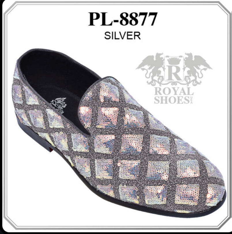 Royal Shoes Silver Sequins Smoking Slip-on Red Bottom Men’s Dress Shoes LF-8877 Sizes 8-13