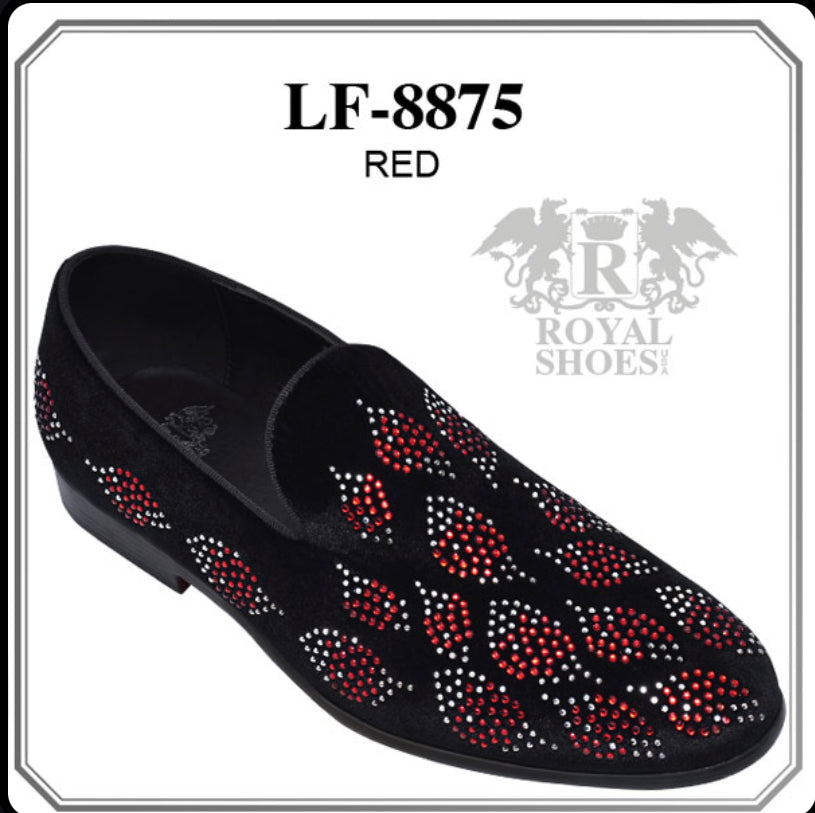 Royal Shoes Red Multi Rhinestone Leaf Print Smoking Slip-on Red Bottom Men’s Dress Shoes LF-8875 Sizes 8-13