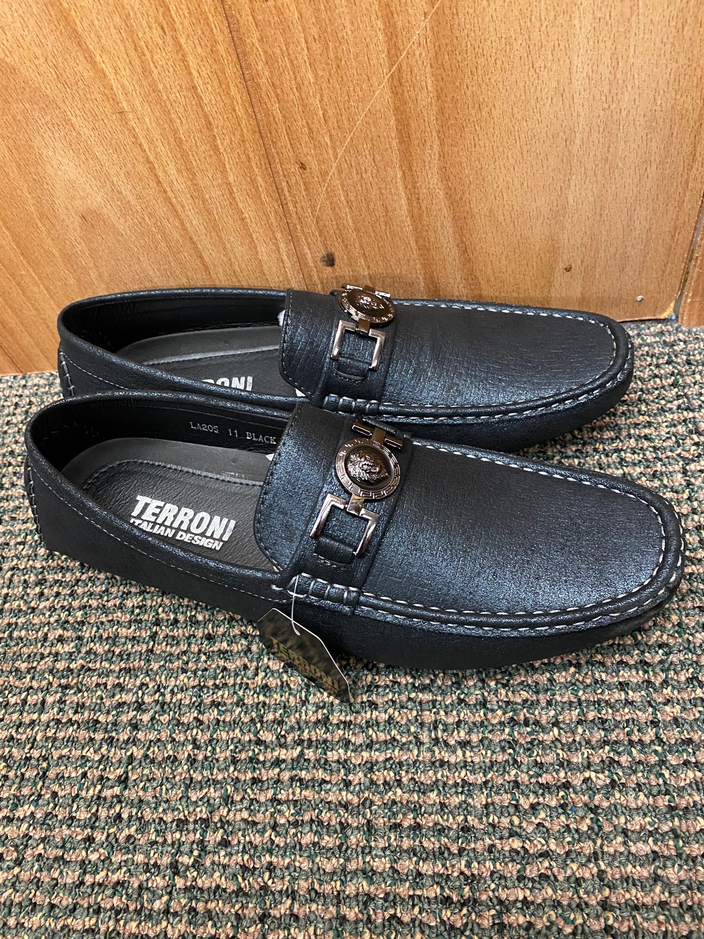 Terroni Italian Design Black Slip-on Mens Dress/Driver Shoe with Lionhead Buckle