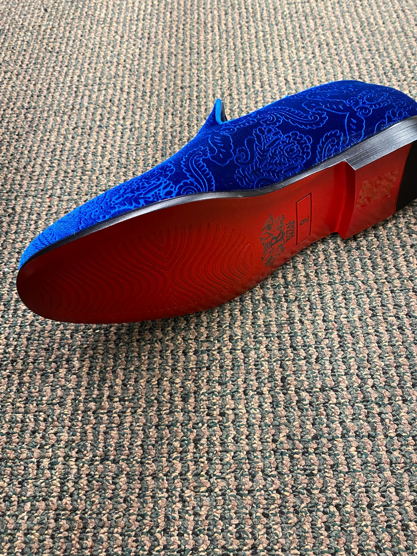 Royal Shoes Royal Blue Paisley Slip-on Men’s Smoking Slippers Red Bottom Dress Shoes Sizes 8-13