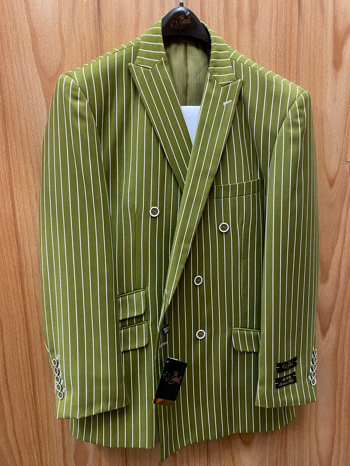 EJ Samuel Olive/White Pinstripe Double Breasted Blazer 44R