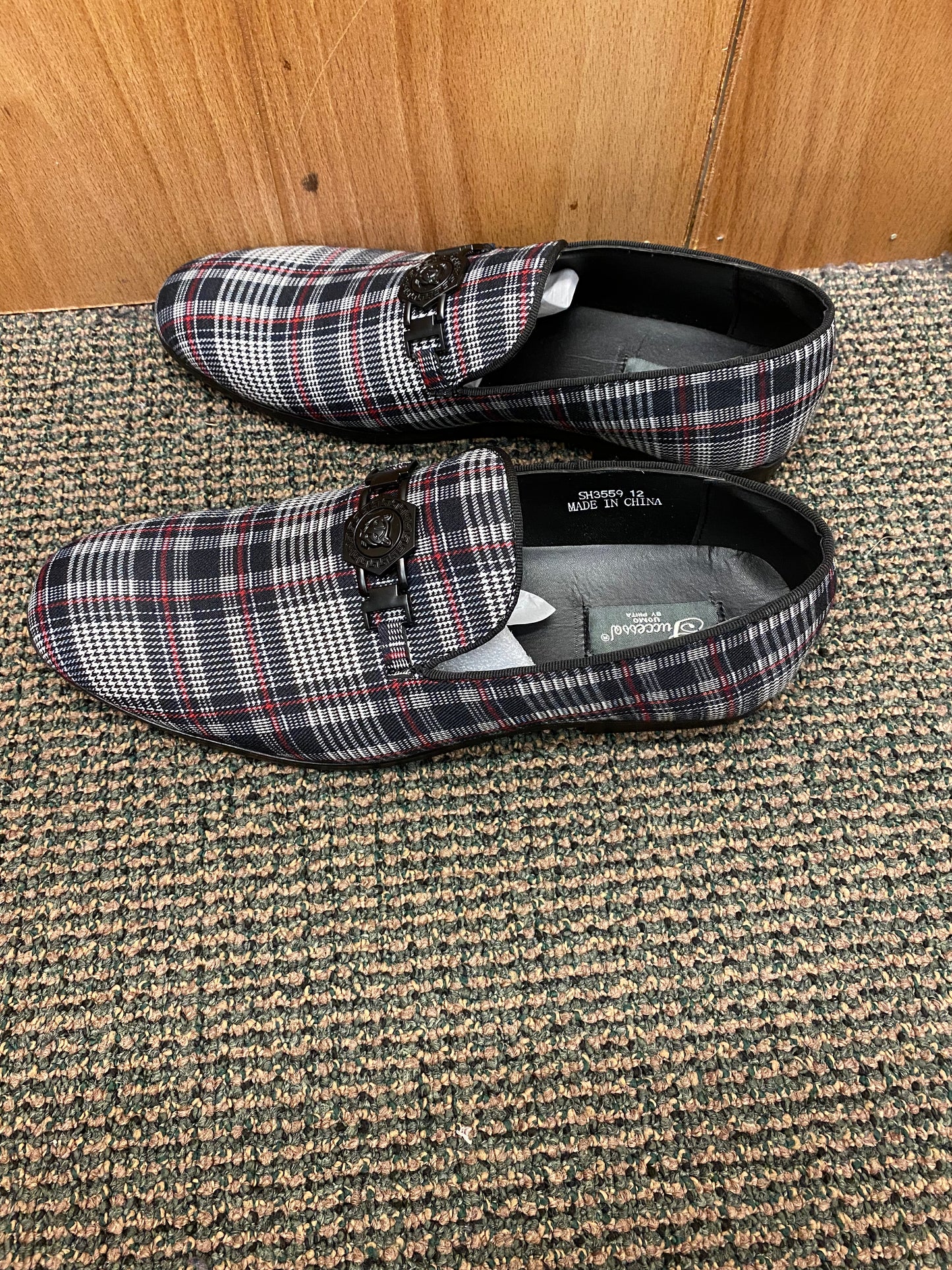 Successos Black/White/Red Plaid red bottom slip-on dress shoes sizes 7-15