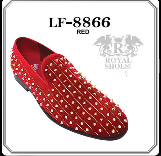 Royal Shoes Red with Gold Spikes & Rhinestones Smoking Slip-on Red Bottom Men’s Dress Shoes LF-8866 Sizes 8-13