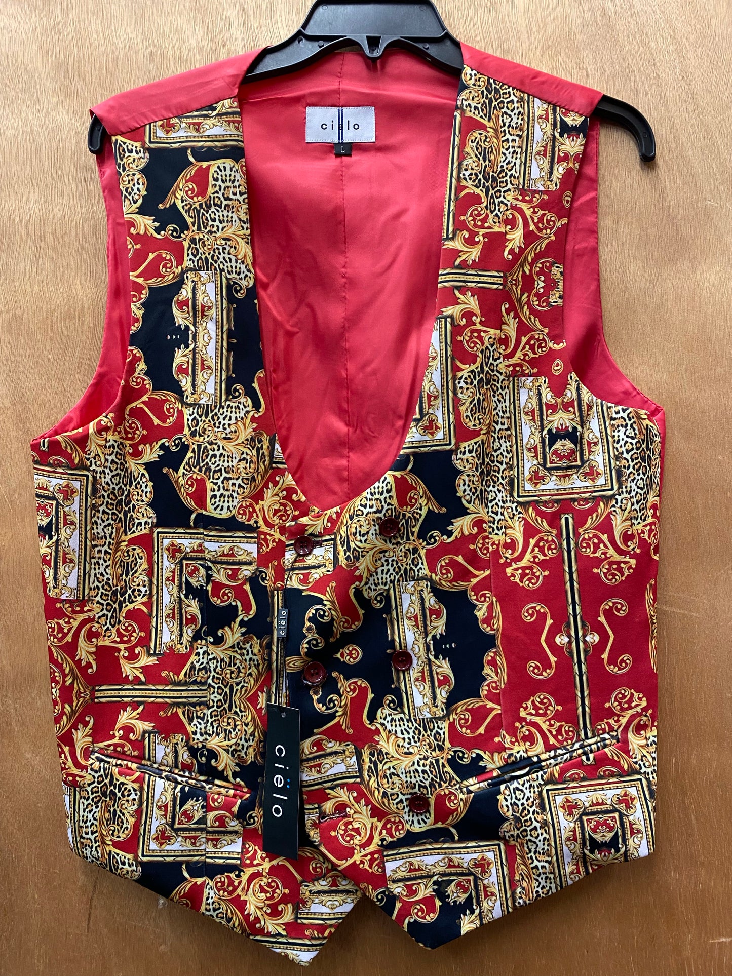 Cielo Double Breasted Low Cut Red/Black Versace Print Slim Fit Vest S-4XL