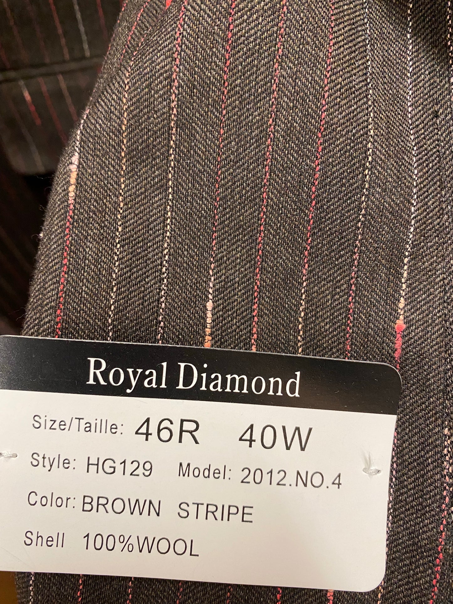 Royal Diamond Brown Stripe 100% Wool 1-Button 2-Piece Regular Fit Suit 46R 40W