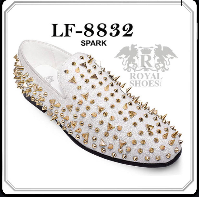 Royal Shoes White with Gold Spikes Smoking Slip-on Red Bottom Men’s Dress Shoes LF-8832 Sizes 8-13