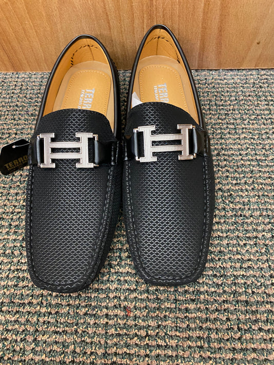 Terroni Italian Design Black Men Slip-on Dress/Driver Shoes with Silver H Buckle