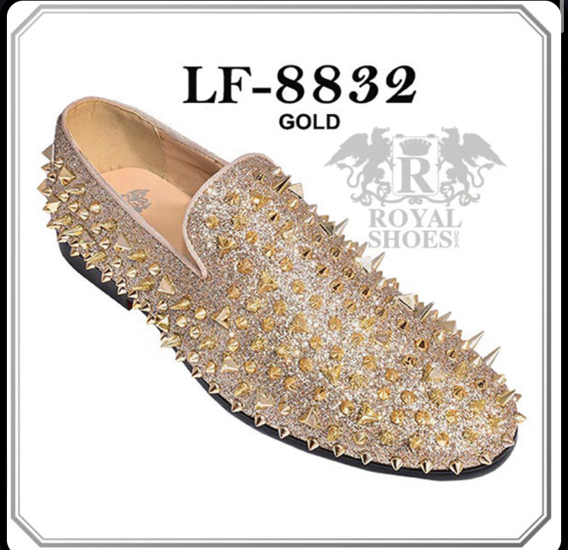 Royal Shoes Gold Spikes Smoking Slip-on Red Bottom Men’s Dress Shoes LF-8832 Sizes 8-13