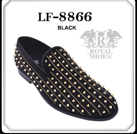 Royal Shoes Black with Gold Spikes & Rhinestones Smoking Slip-on Red Bottom Men’s Dress Shoes LF-8866 Sizes 8-13