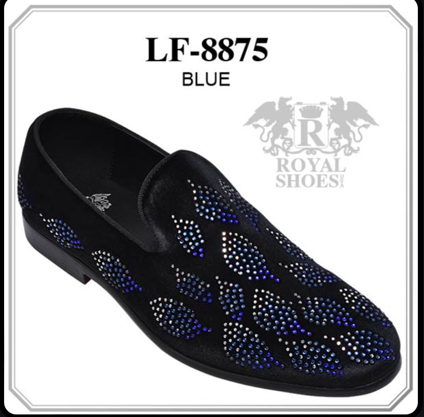 Royal Shoes Blue Multi Rhinestone Leaf Print Smoking Slip-on Red Bottom Men’s Dress Shoes LF-8875 Sizes 8-13