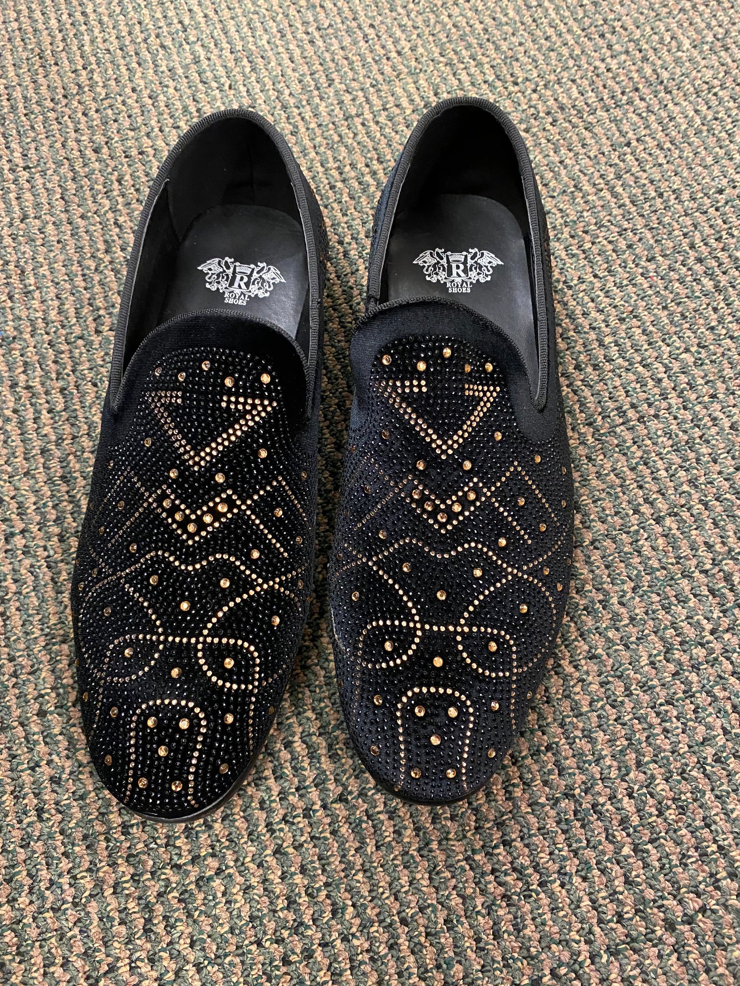 Royal Shoes Black/Gold Rhinestones Smoking Slip-on Red Bottom Men’s Dress Shoes LF-8870 Sizes 8-13