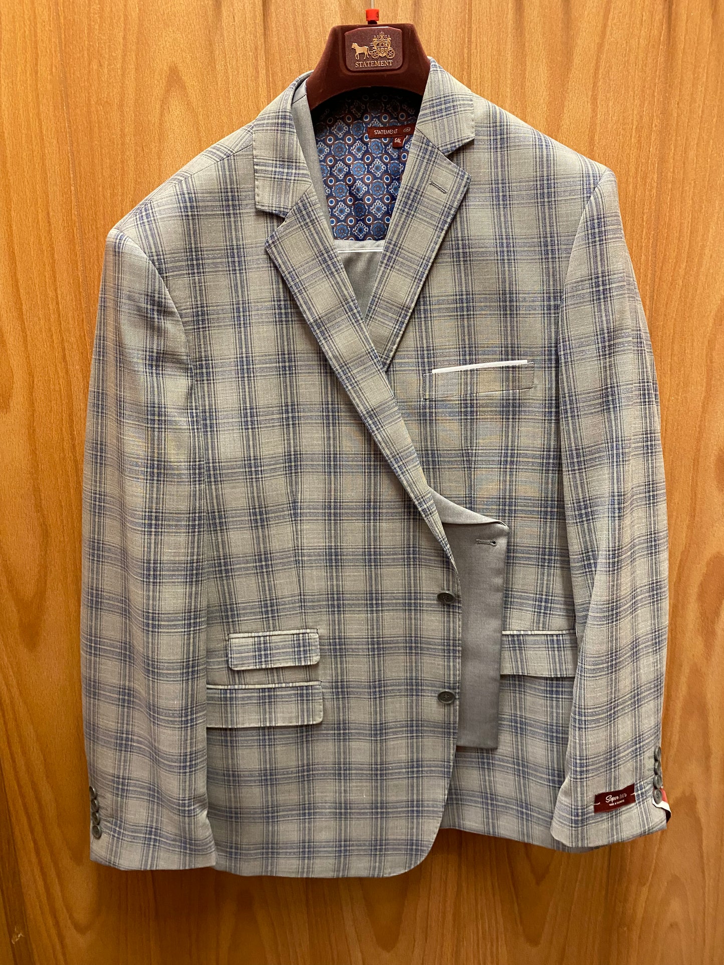 Statement Italy Grey/Blue Plaid 3-Piece Suit 54L