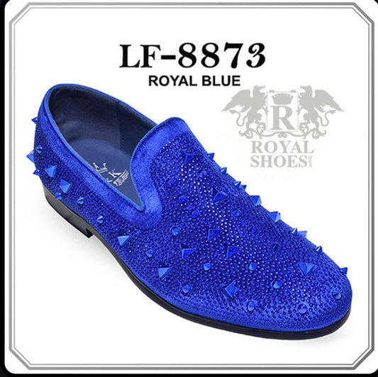 Royal Shoes Royal Blue Spikes/Rhinestones Smoking Slip-on Red Bottom Men’s Dress Shoes LF-8873 Sizes 8-13